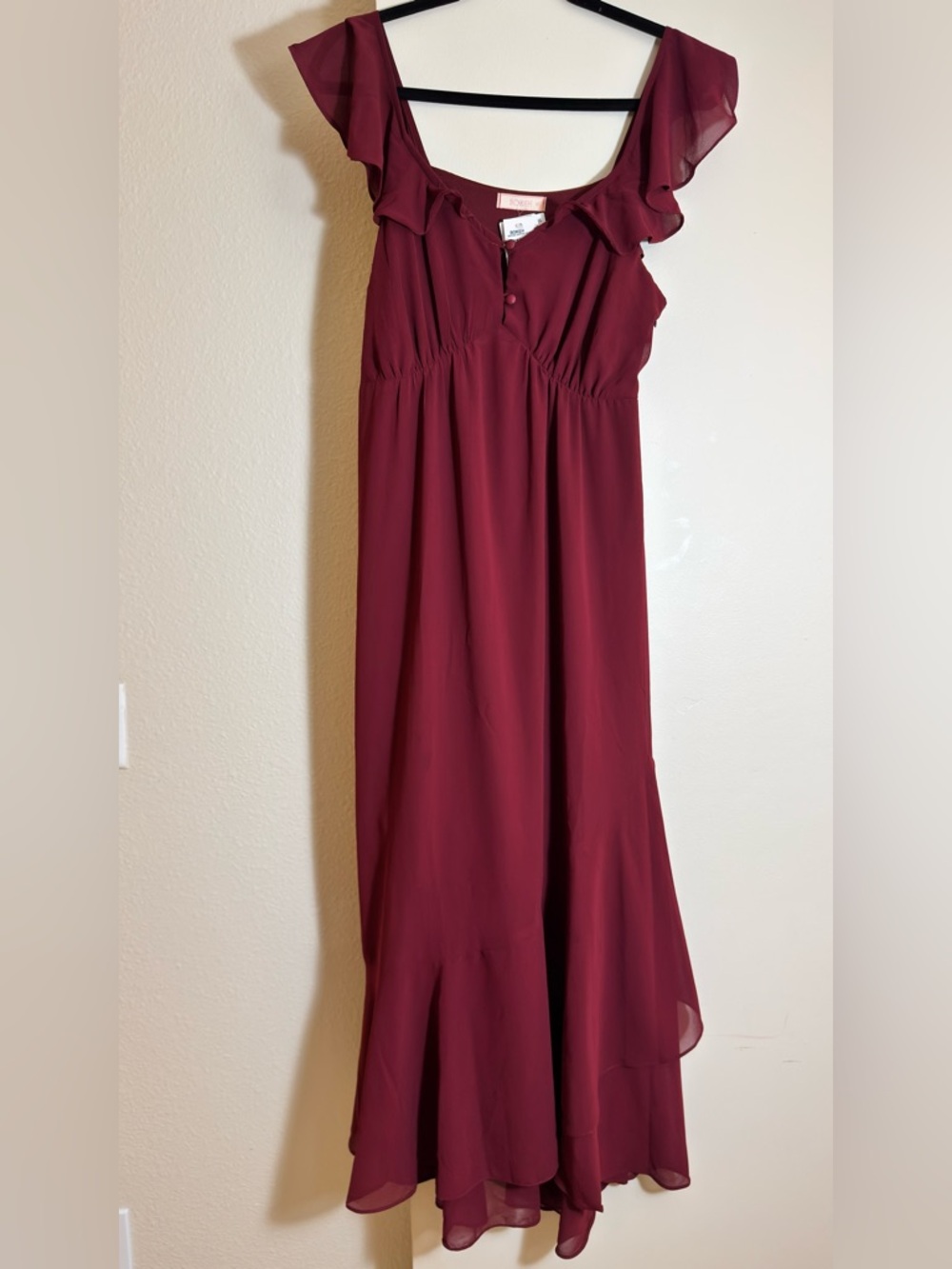 Burgundy Ruffle Shoulder Maxi Dress